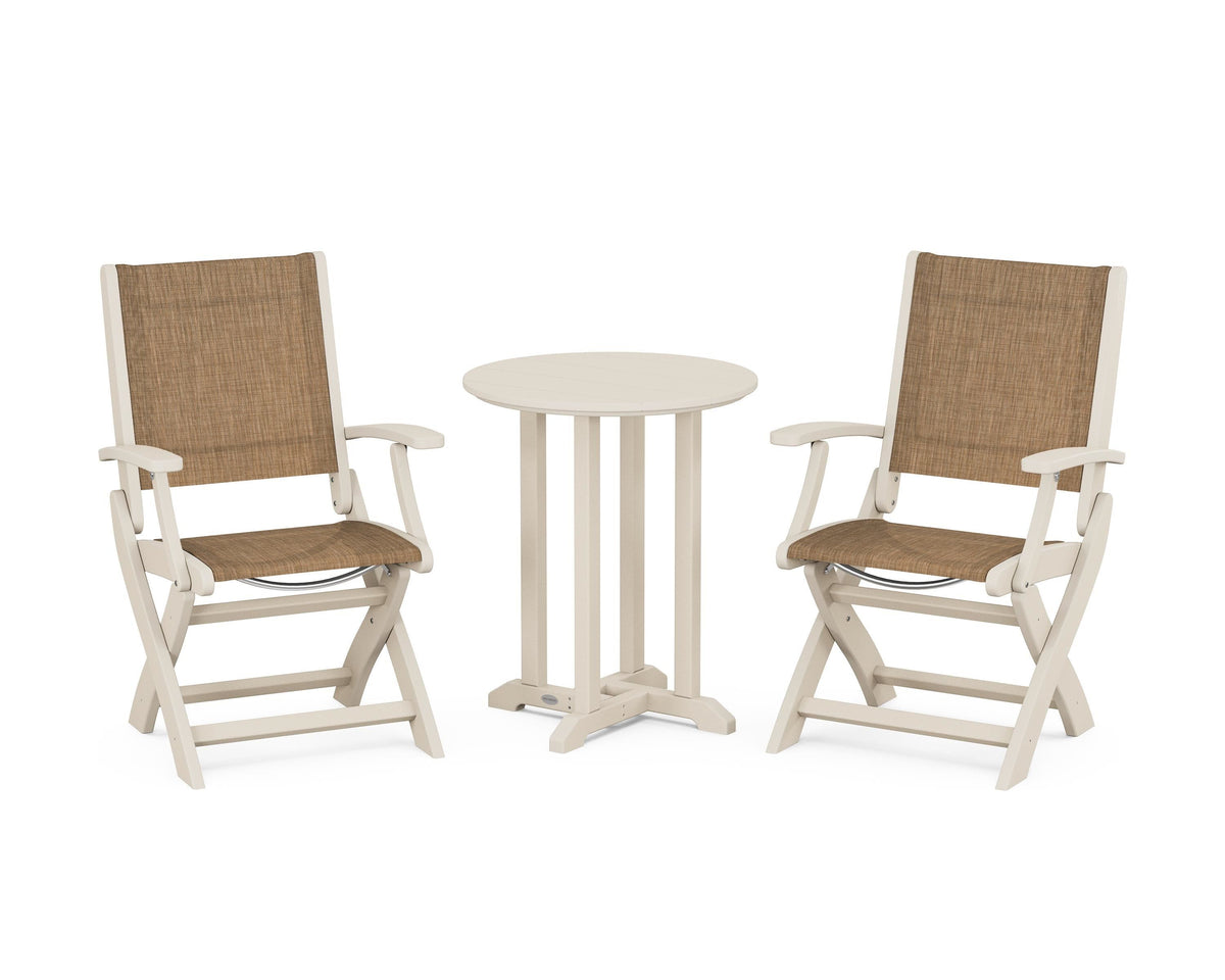 POLYWOOD Coastal Folding 3-Piece Round Bistro Dining Set in Sand / Burlap