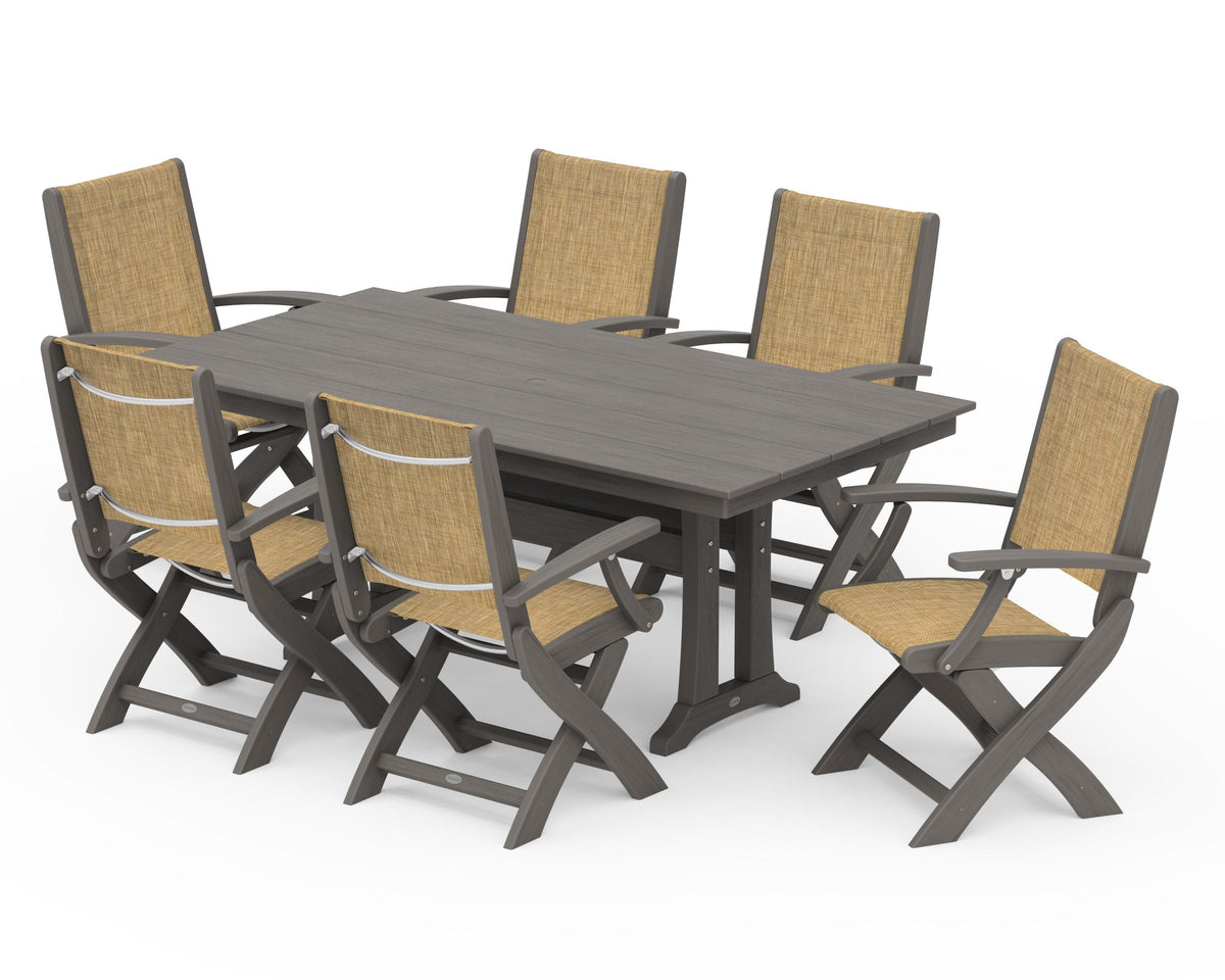 POLYWOOD Coastal Folding Arm Chair 7-Piece Farmhouse Dining Set with Trestle Legs in Driftwood / Burlap