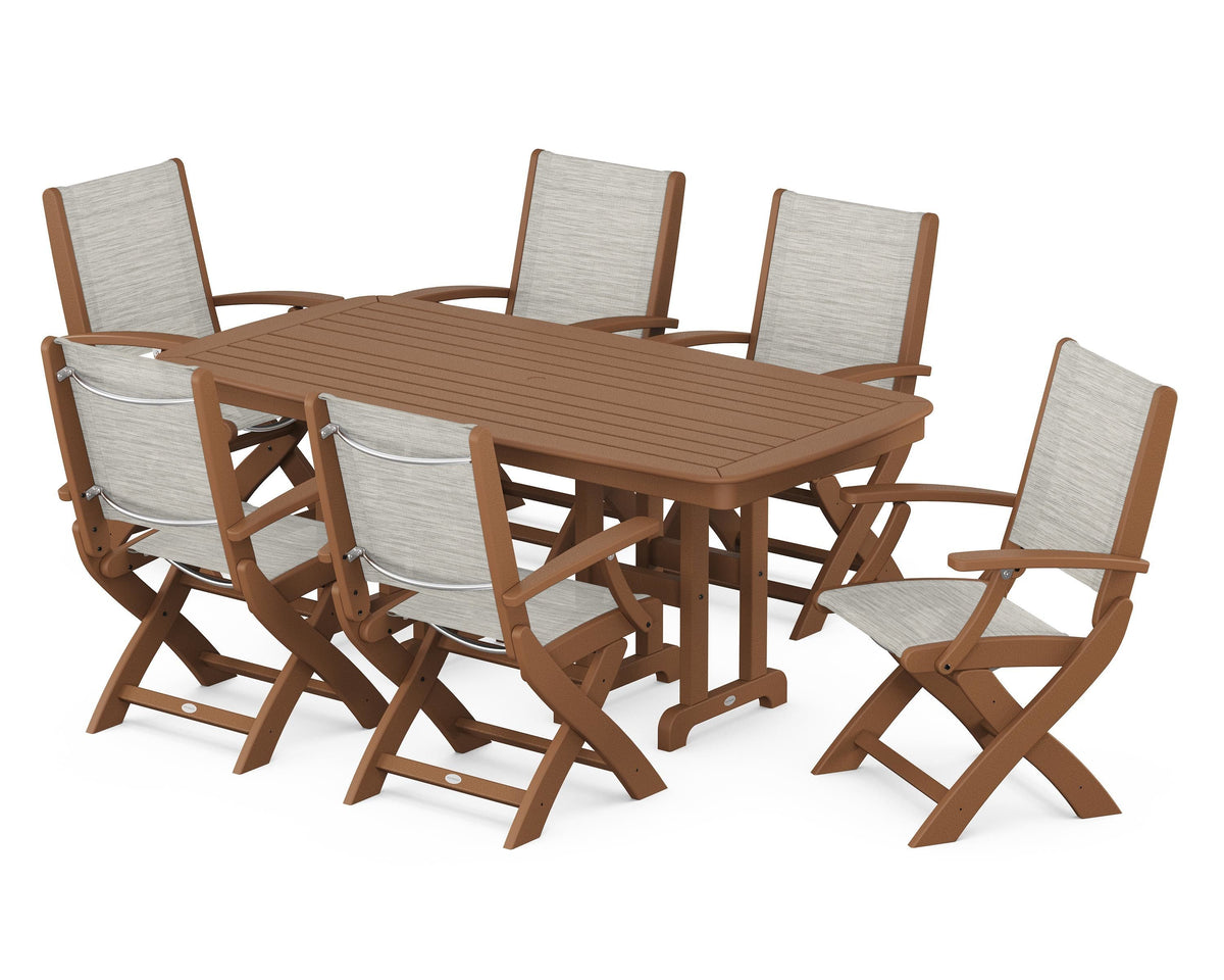 POLYWOOD Coastal Folding Arm Chair 7-Piece Dining Set in Teak / Birch