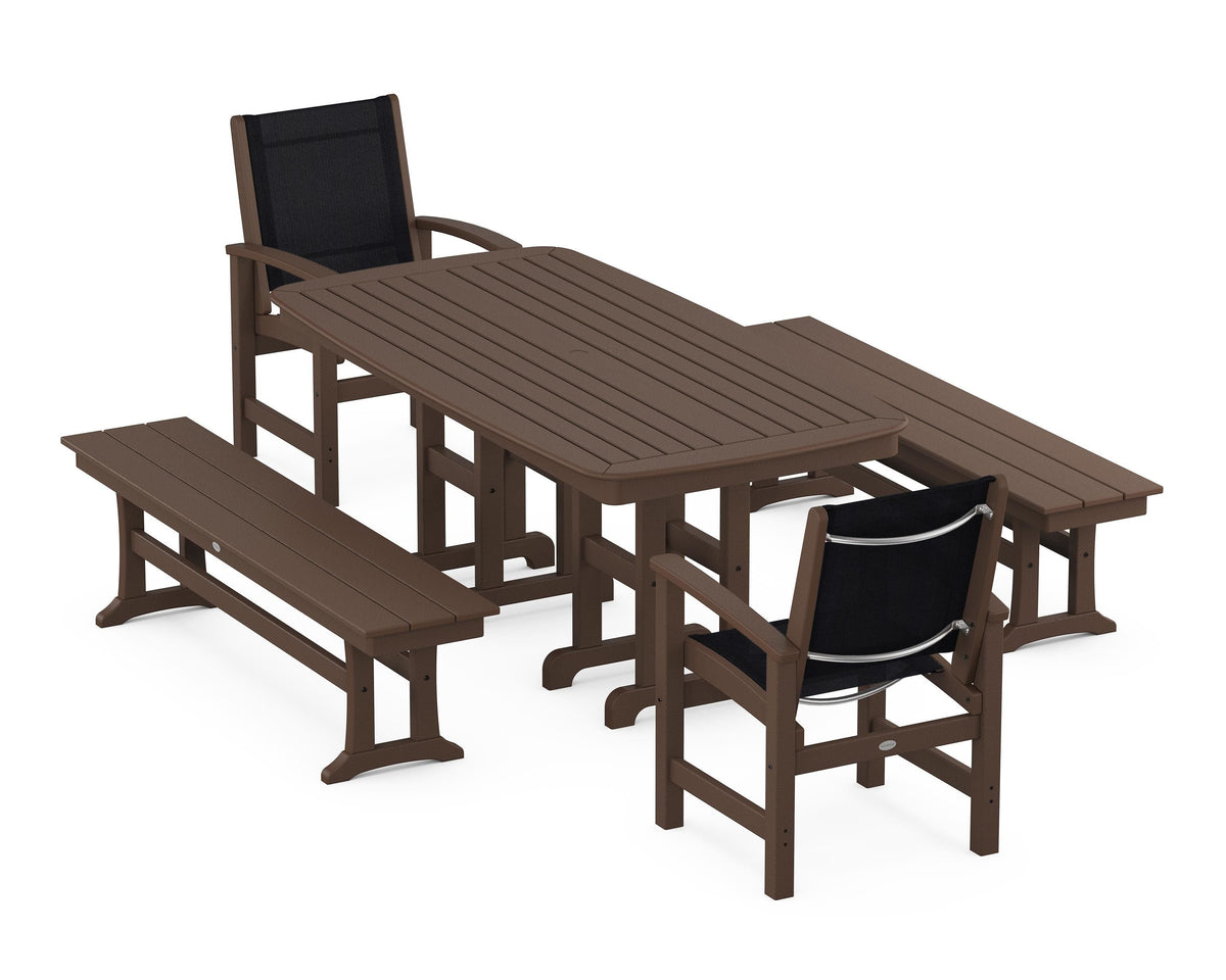 POLYWOOD Coastal 5-Piece Dining Set with Nautical 37" x 72" Dining Table in Mahogany / Black
