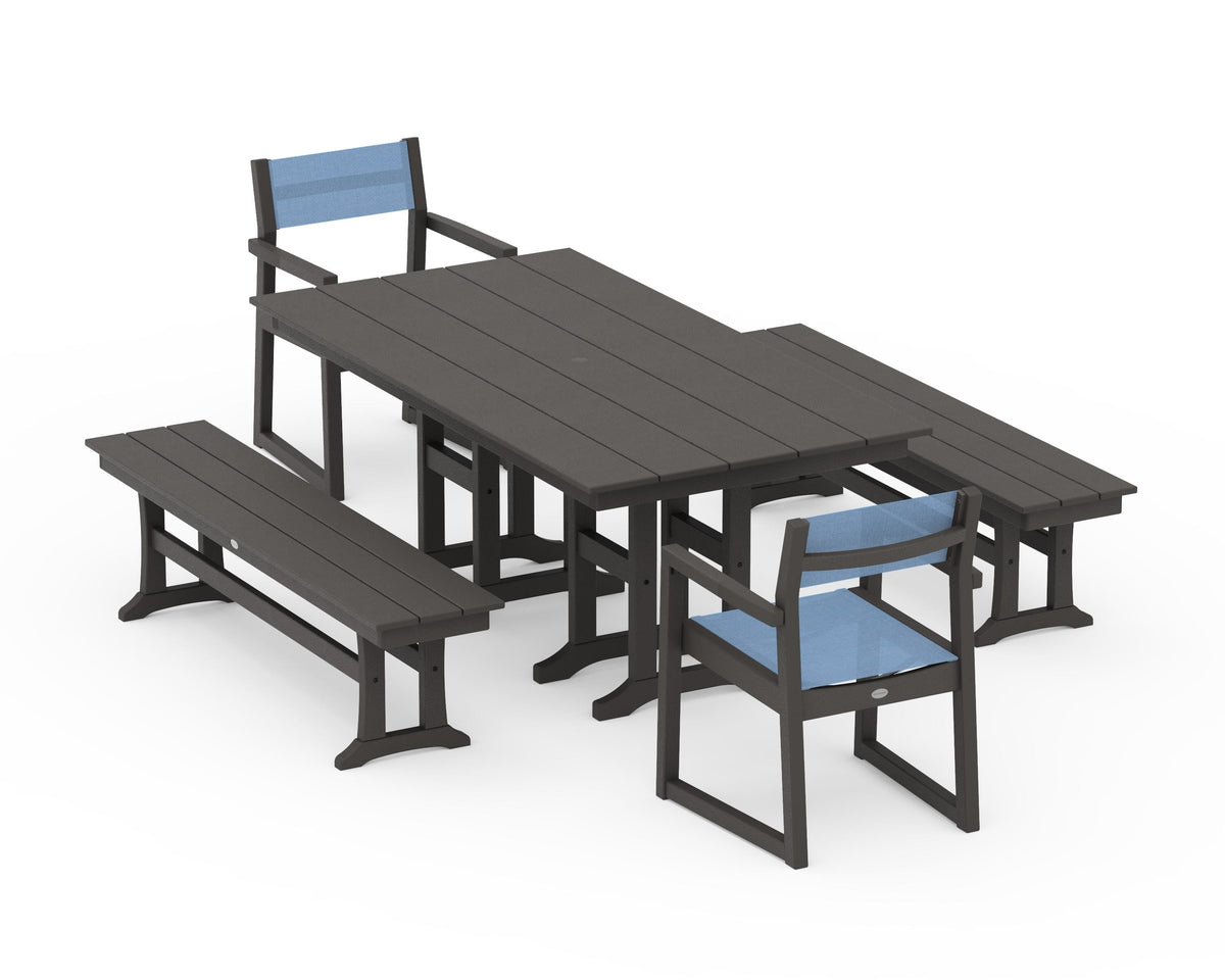 POLYWOOD EDGE Sling Arm Chair 5-Piece Farmhouse Dining Set with Benches in Vintage Coffee / Poolside