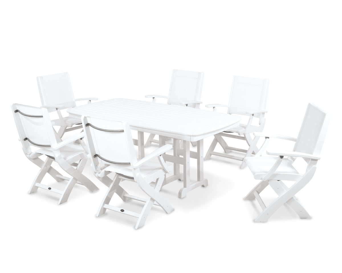POLYWOOD Coastal Folding Arm Chair 7-Piece Dining Set in White / White