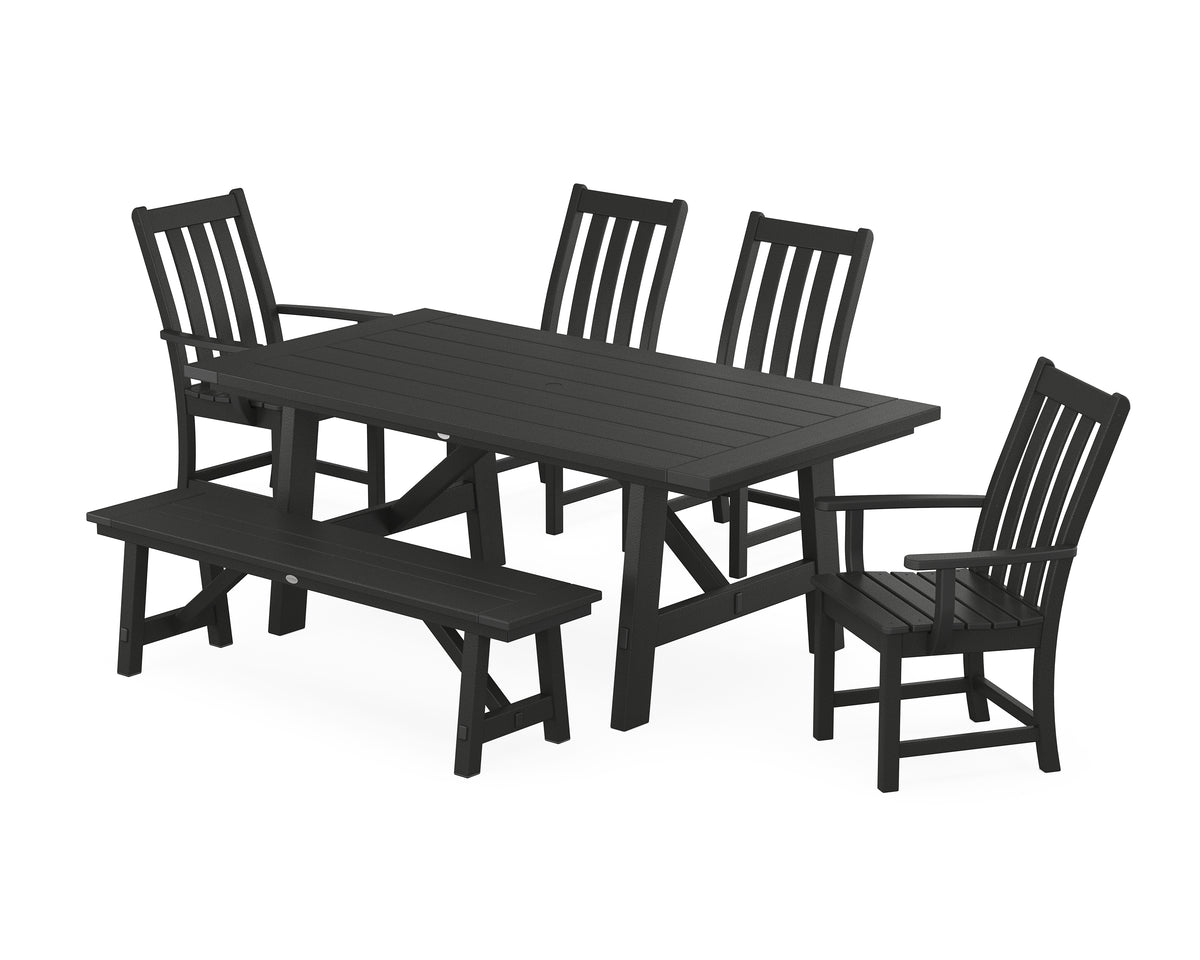 POLYWOOD Vineyard 6-Piece Rustic Farmhouse Dining Set with Bench in Black