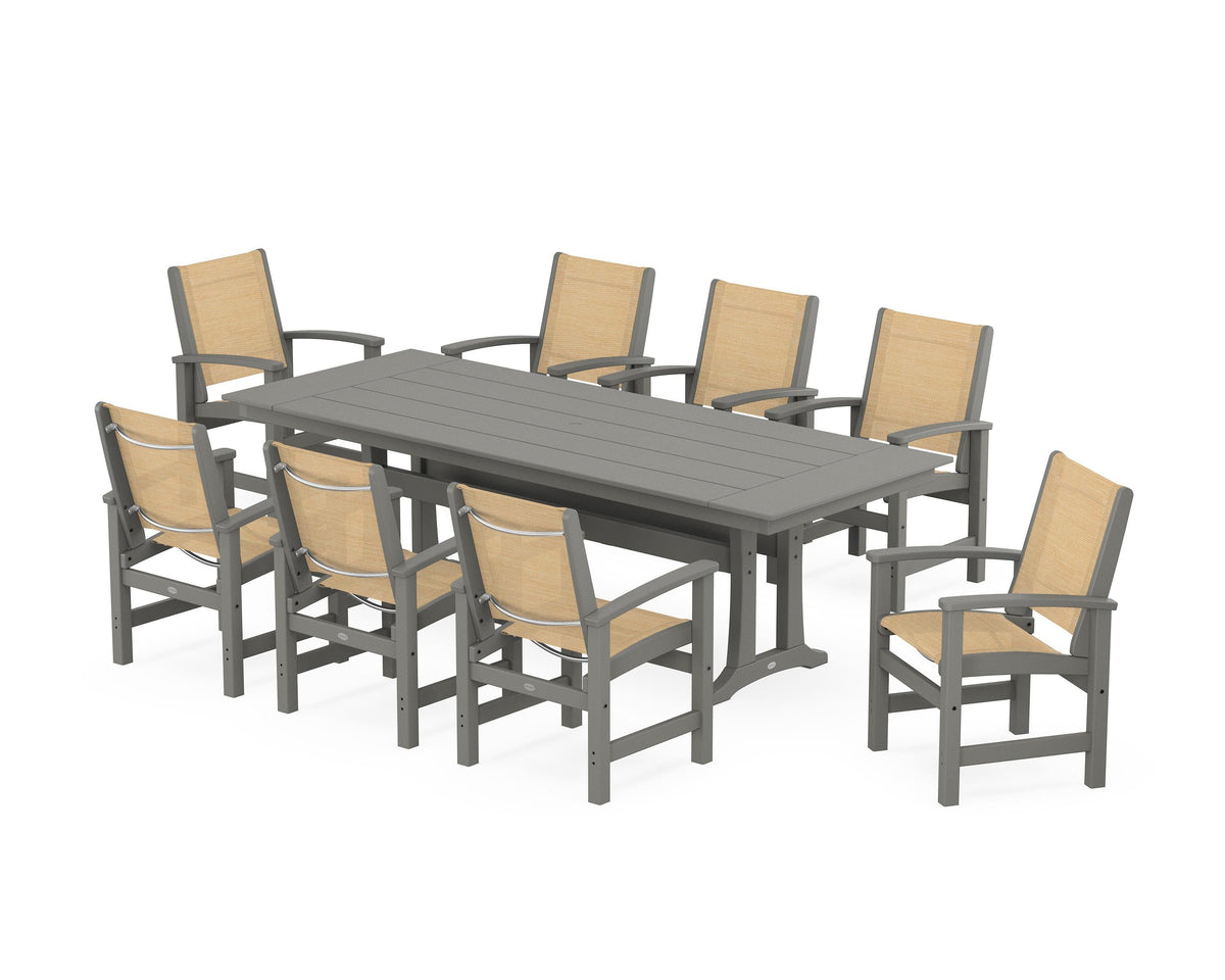 POLYWOOD Coastal 9-Piece Farmhouse Dining Set with Trestle Legs in Slate Grey / Dupioni Apricot