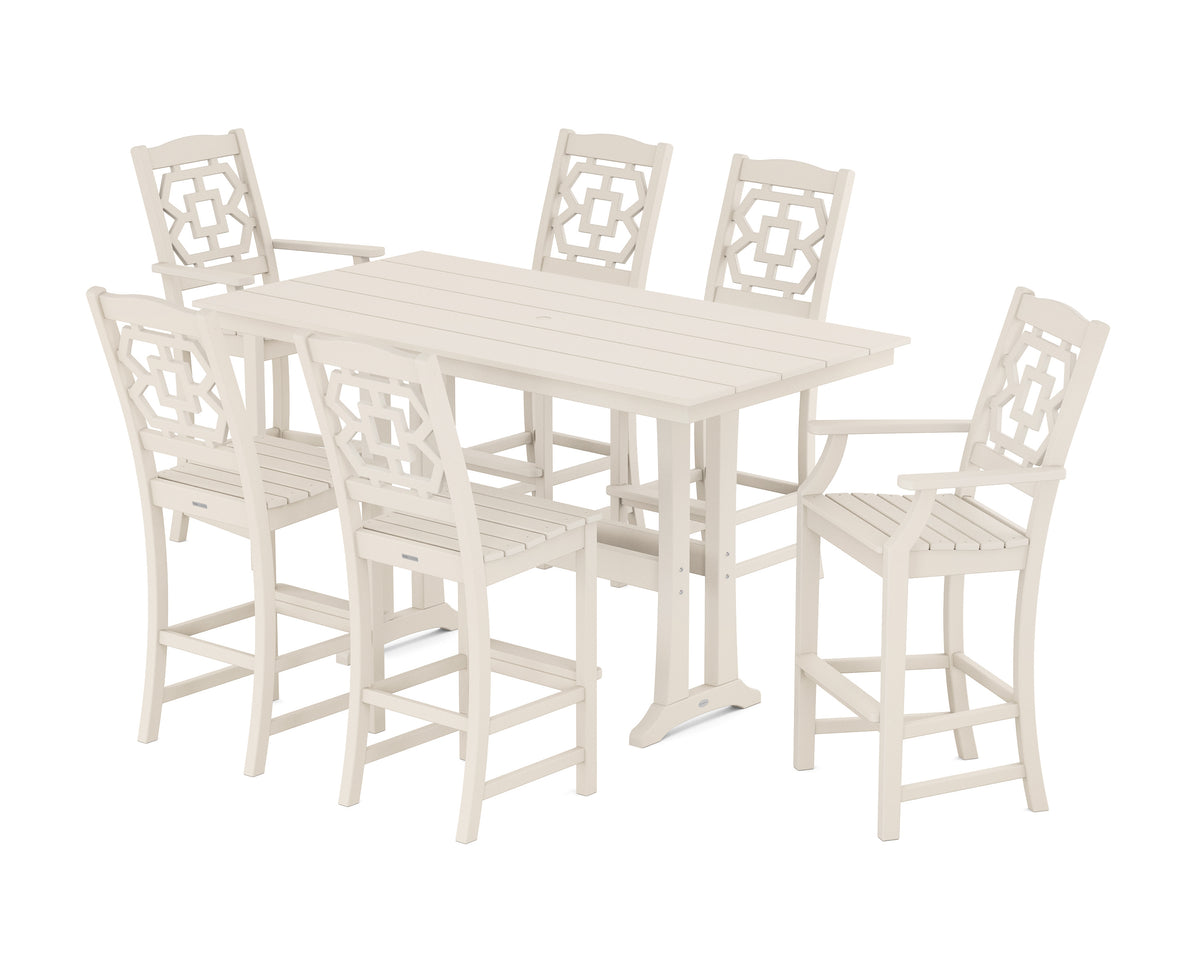 POLYWOOD Chinoiserie 7-Piece Farmhouse Bar Set with Trestle Legs in Sand