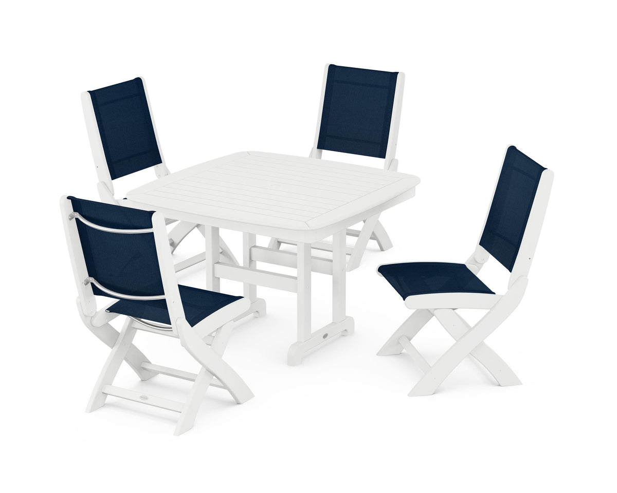 POLYWOOD Coastal Folding Side Chair 5-Piece Dining Set with Nautical 44" Dining Table in White / Navy Blue