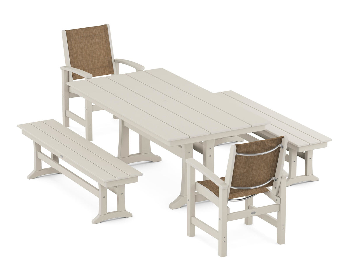 POLYWOOD Coastal 5-Piece Farmhouse Dining Set with Trestle Legs and Benches in Sand / Burlap