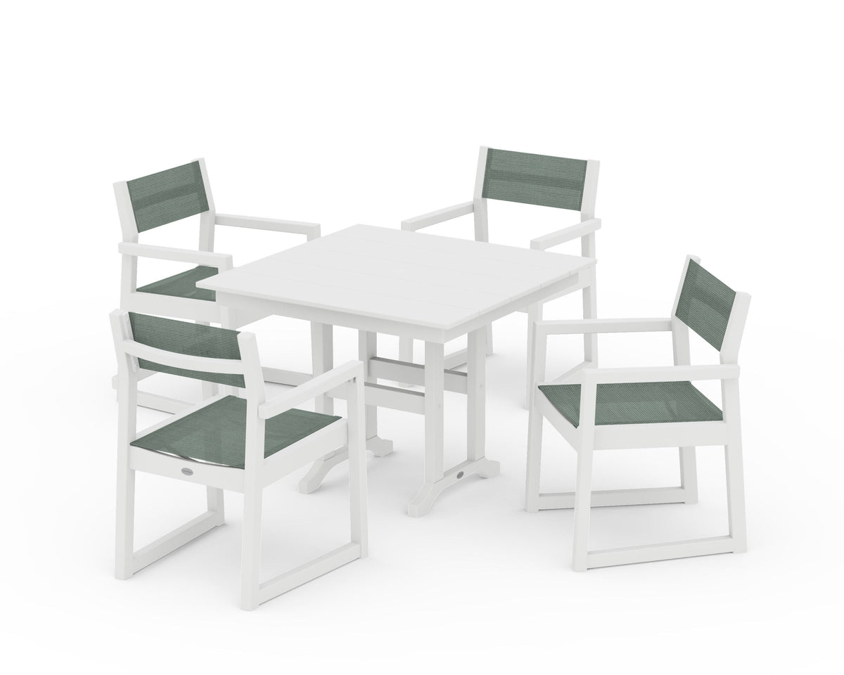 POLYWOOD EDGE Sling Arm Chair 5-Piece Farmhouse Dining Set in White / Dupioni Sea Mist