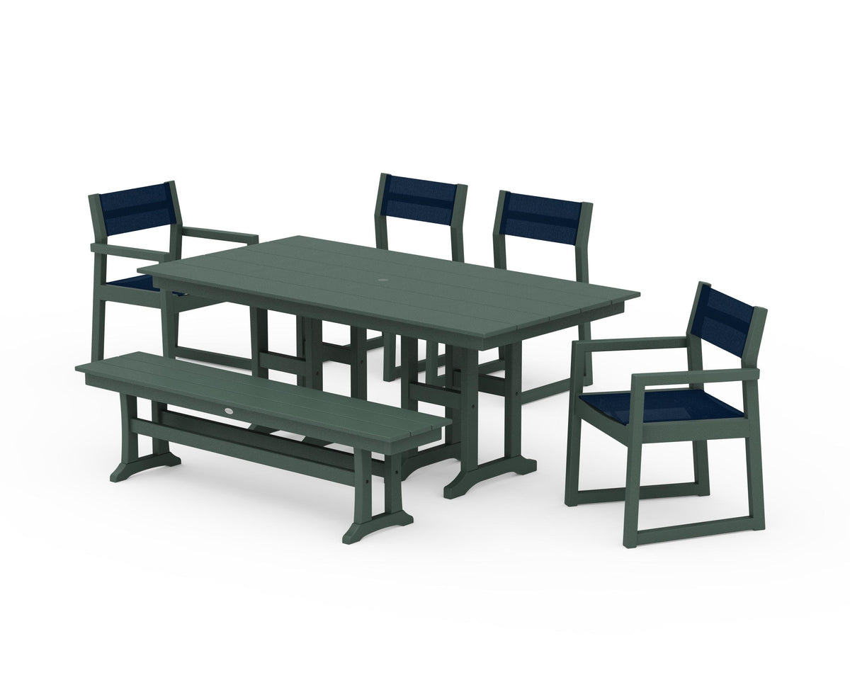 POLYWOOD EDGE Sling 6-Piece Farmhouse Dining Set in Green / Navy Blue