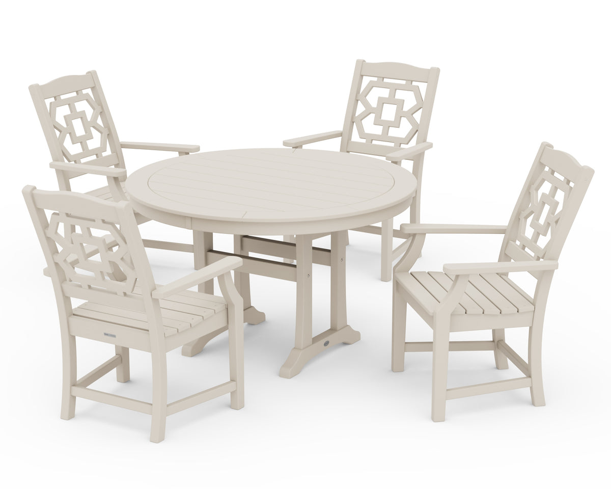 POLYWOOD Chinoiserie 5-Piece Round Dining Set with Trestle Legs in Sand
