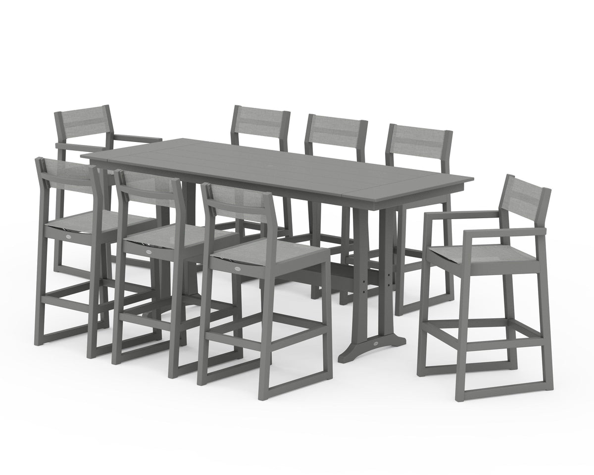 POLYWOOD EDGE Sling 9-Piece Farmhouse Bar Set with Trestle Legs in Slate Grey / Metallic