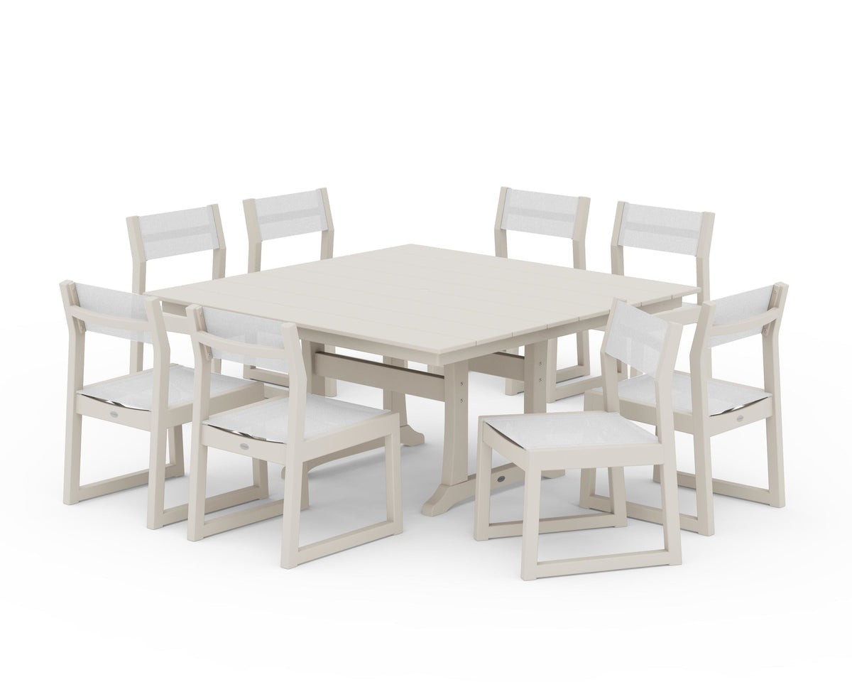 POLYWOOD EDGE Sling Side Chair 9-Piece Farmhouse Trestle Dining Set in Sand / White