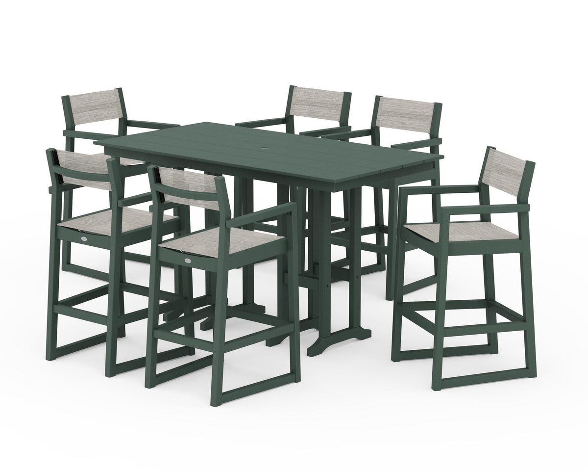 POLYWOOD EDGE Sling Arm Chair 7-Piece Farmhouse Bar Set in Green / Birch