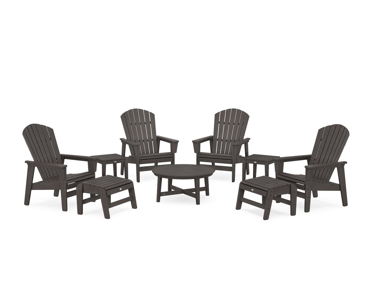 POLYWOOD Nautical Grand Upright Adirondack 9-Piece Conversation Set in Vintage Coffee