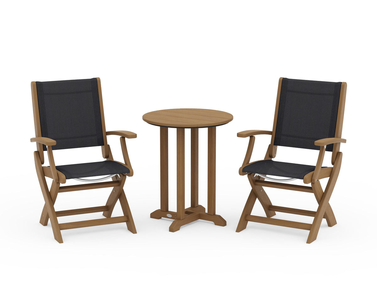 POLYWOOD Coastal Folding 3-Piece Round Bistro Dining Set in Natural / Black