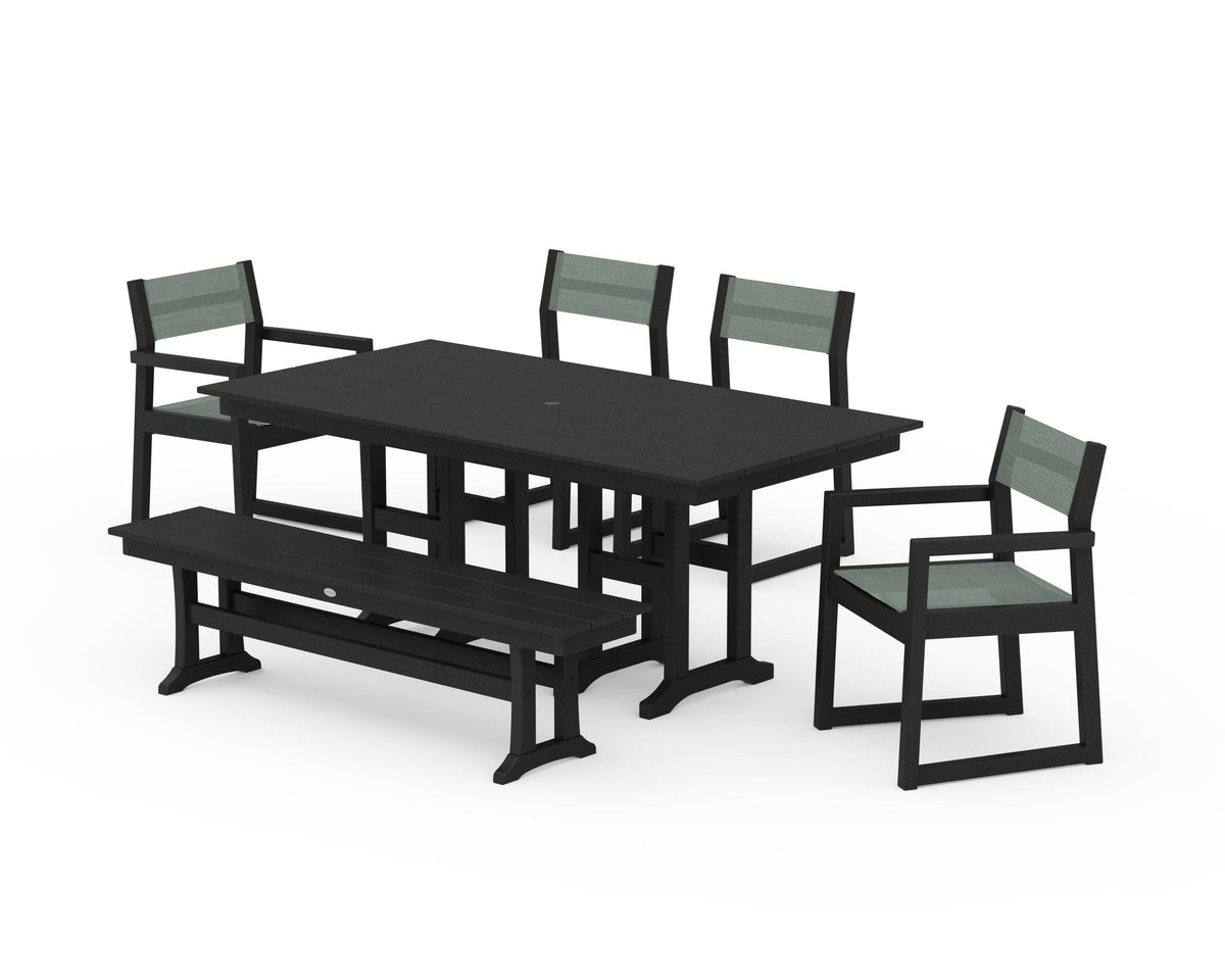 POLYWOOD EDGE Sling 6-Piece Farmhouse Dining Set in Black / Dupioni Sea Mist