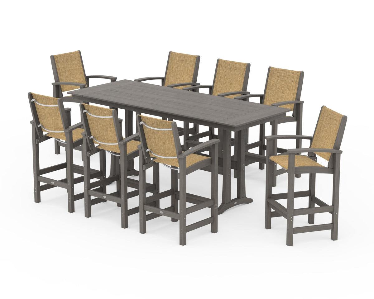 POLYWOOD Coastal 9-Piece Farmhouse Bar Set with Trestle Legs in Driftwood / Burlap
