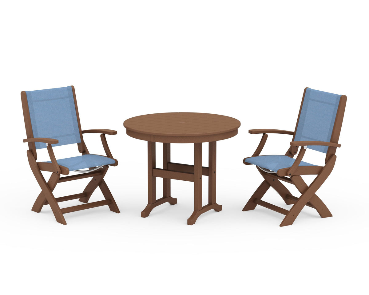 POLYWOOD Coastal Folding Chair 3-Piece Round Dining Set in Teak / Poolside