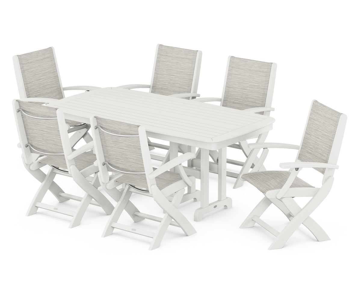 POLYWOOD Coastal Folding Arm Chair 7-Piece Dining Set in Vintage White / Birch
