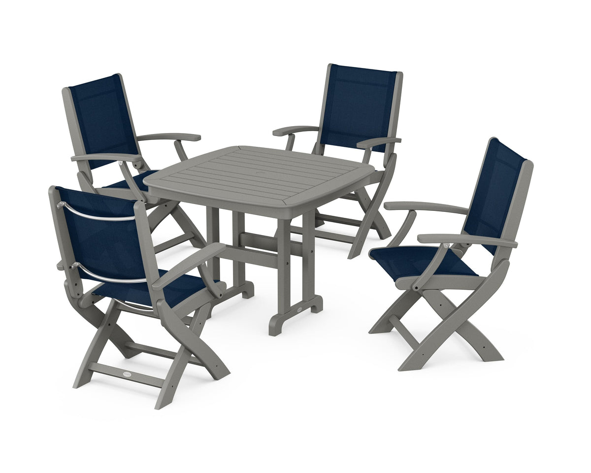 POLYWOOD Coastal Folding Chair 5-Piece Dining Set with Nautical 37" Dining Table in Slate Grey / Navy Blue