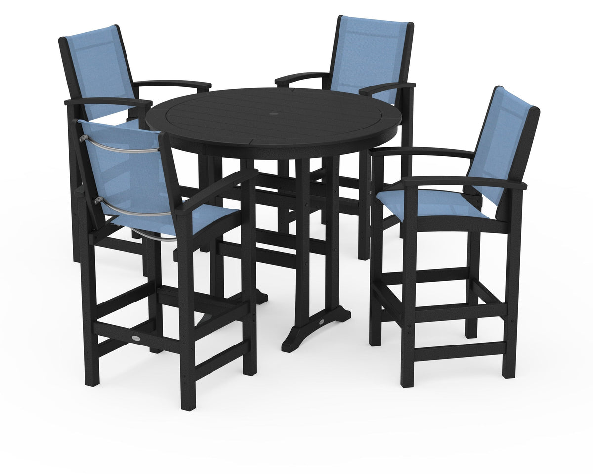 POLYWOOD Coastal 5-Piece Nautical Trestle Bar Set in Black / Poolside