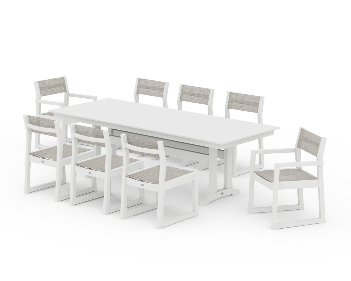 POLYWOOD EDGE Sling 9-Piece Farmhouse Trestle Dining Set in White / Birch