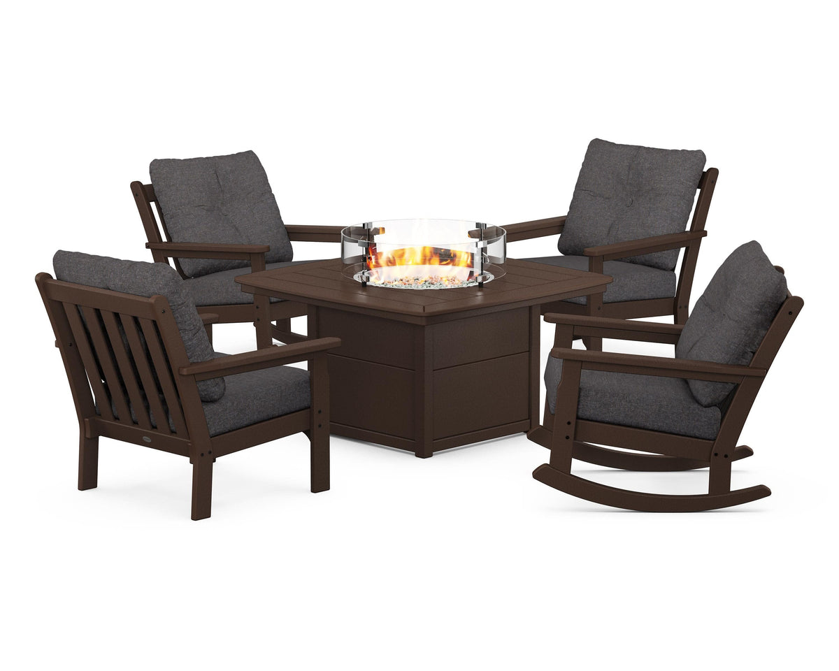POLYWOOD Vineyard 5-Piece Deep Seating Rocking Chair Conversation Set with Fire Pit Table in Mahogany / Ash Charcoal