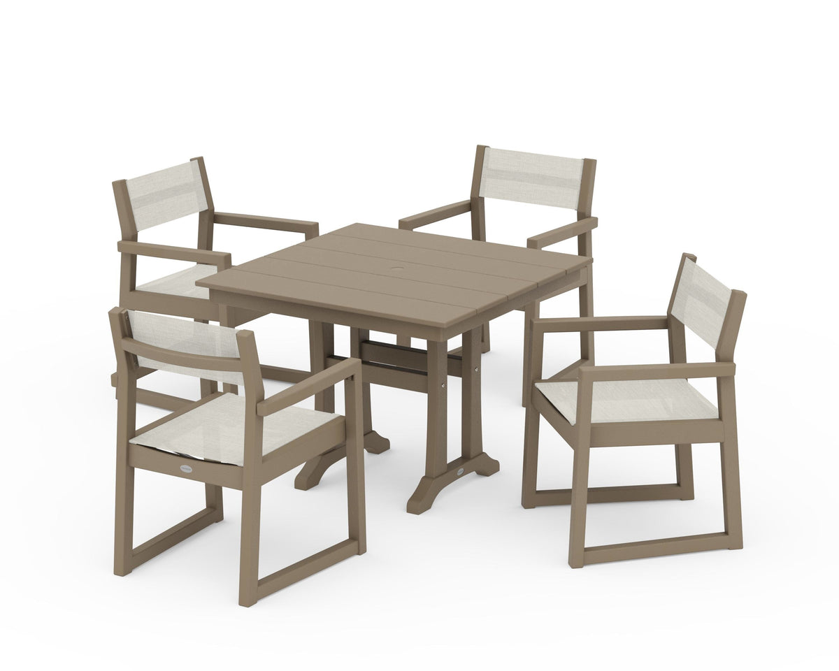 POLYWOOD EDGE Sling 5-Piece Farmhouse Dining Set with Trestle Legs in Vintage Sahara / Parchment