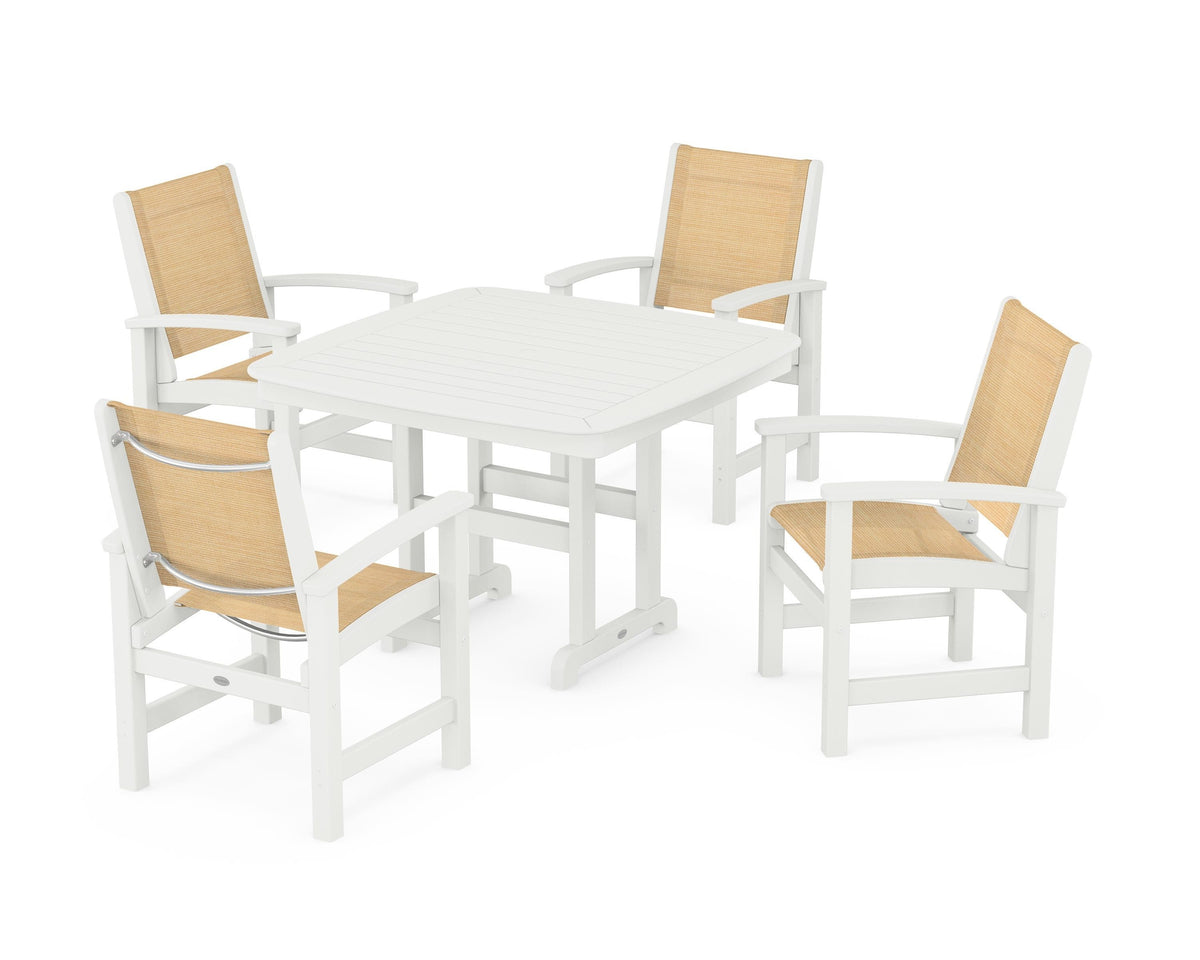 POLYWOOD Coastal 5-Piece Dining Set with Nautical 44" Dining Table in Vintage White / Dupioni Apricot