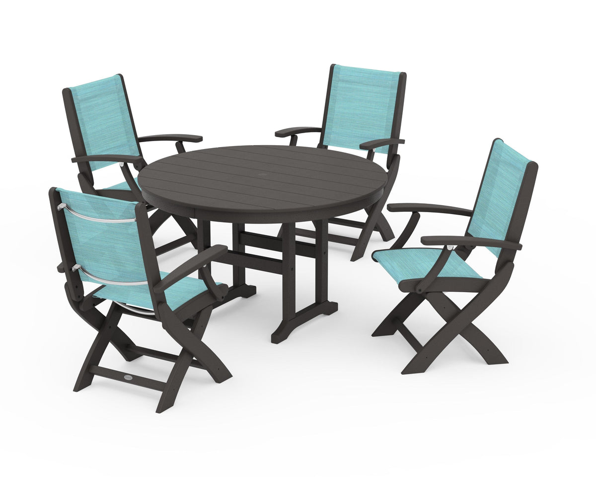 POLYWOOD Coastal Folding Chair 5-Piece Round Dining Set in Vintage Coffee / Dupioni Aquamarine