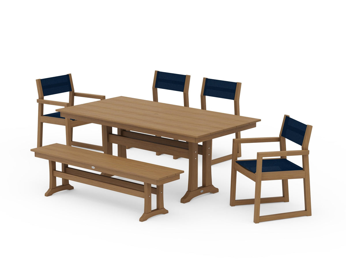 POLYWOOD EDGE Sling 6-Piece Farmhouse Dining Set With Trestle Legs in Natural / Navy Blue