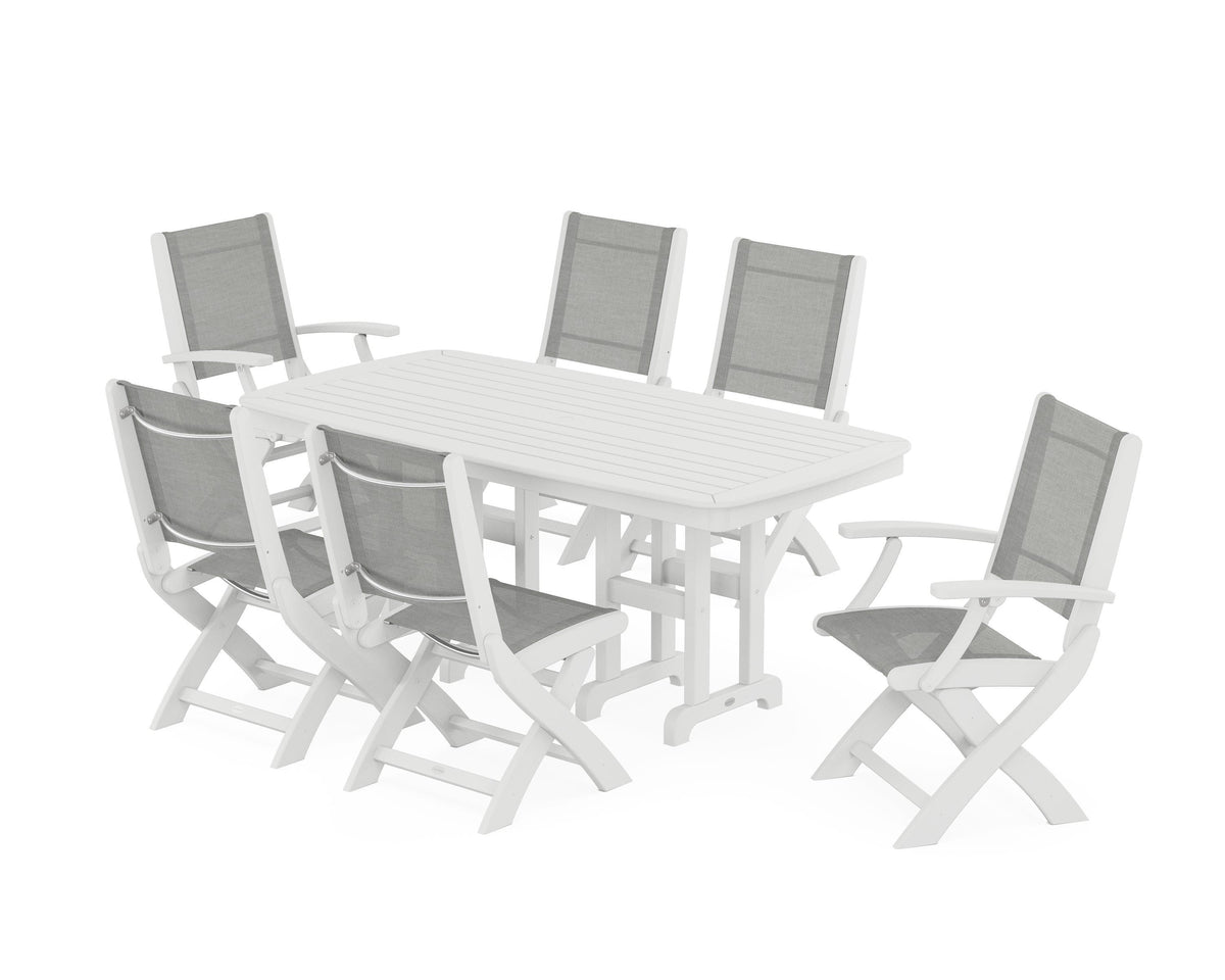 POLYWOOD Coastal Folding Chair 7-Piece Dining Set in White / Metallic