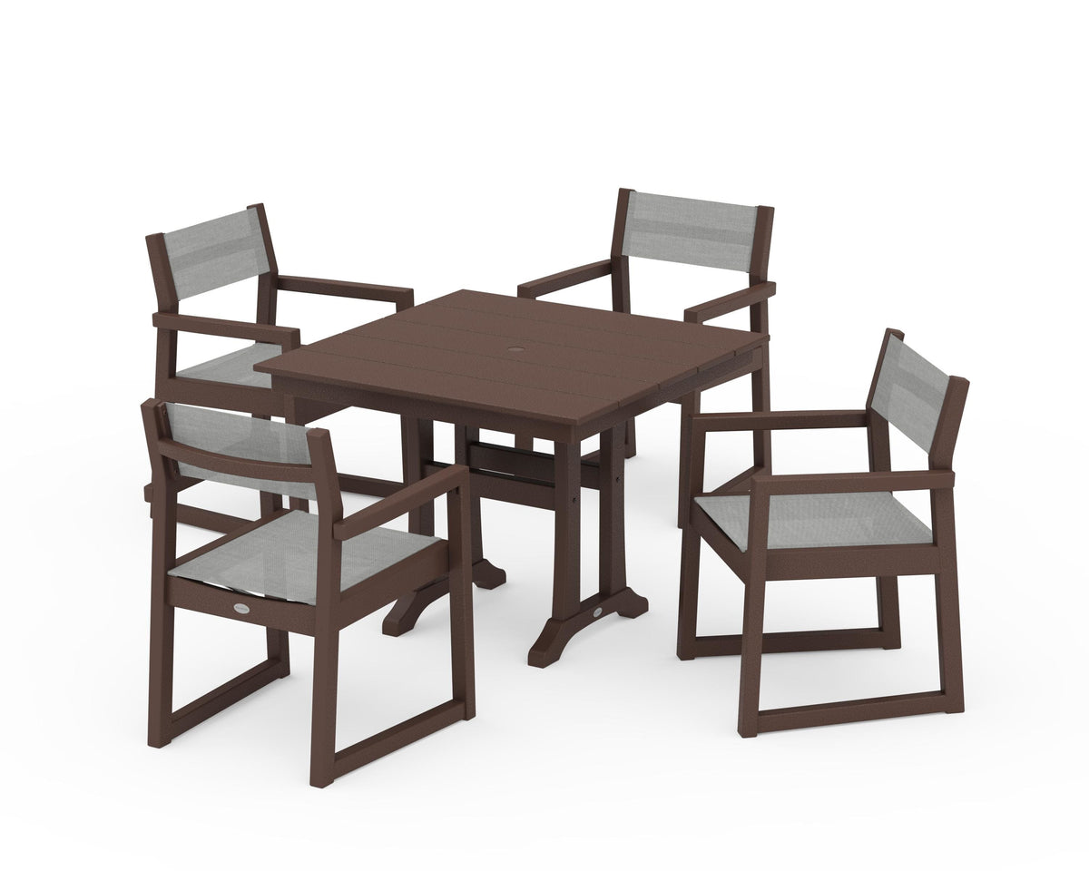 POLYWOOD EDGE Sling 5-Piece Farmhouse Dining Set with Trestle Legs in Mahogany / Metallic