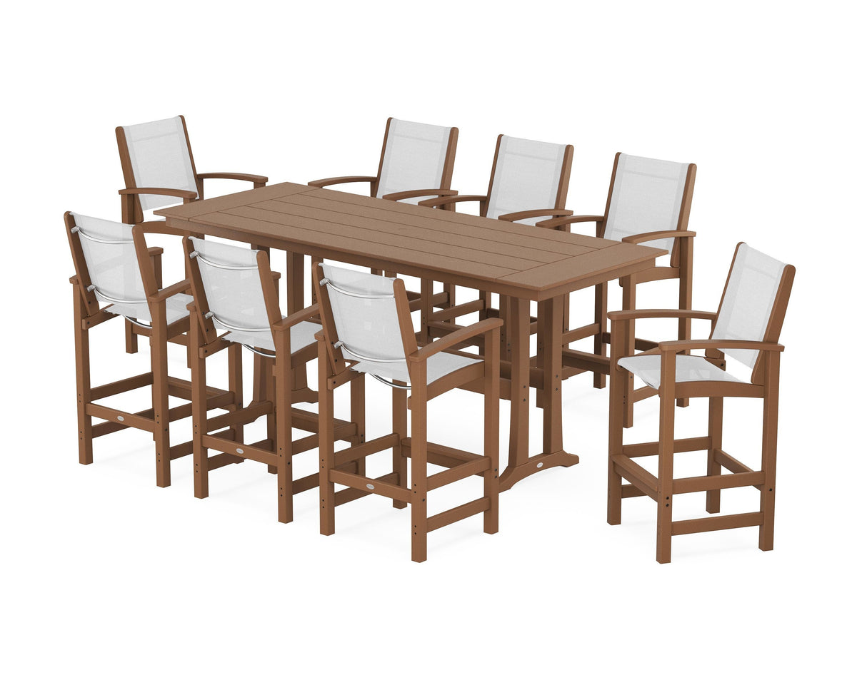 POLYWOOD Coastal 9-Piece Farmhouse Bar Set with Trestle Legs in Teak / White
