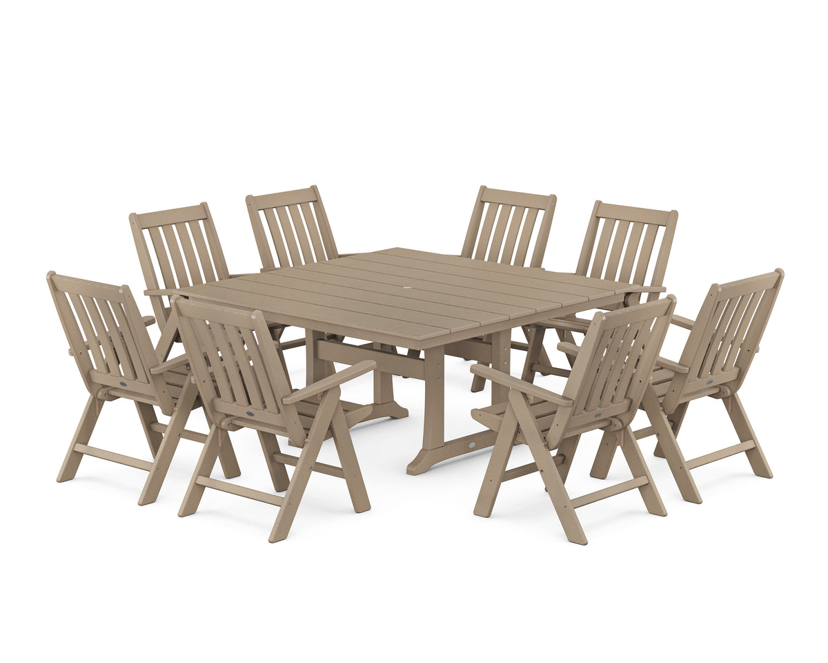 POLYWOOD Vineyard Folding Chair 9-Piece Square Farmhouse Dining Set with Trestle Legs in Vintage Sahara