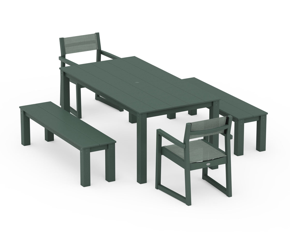 POLYWOOD EDGE Sling Arm Chair 5-Piece Parsons Dining Set with Benches in Green / Dupioni Sea Mist