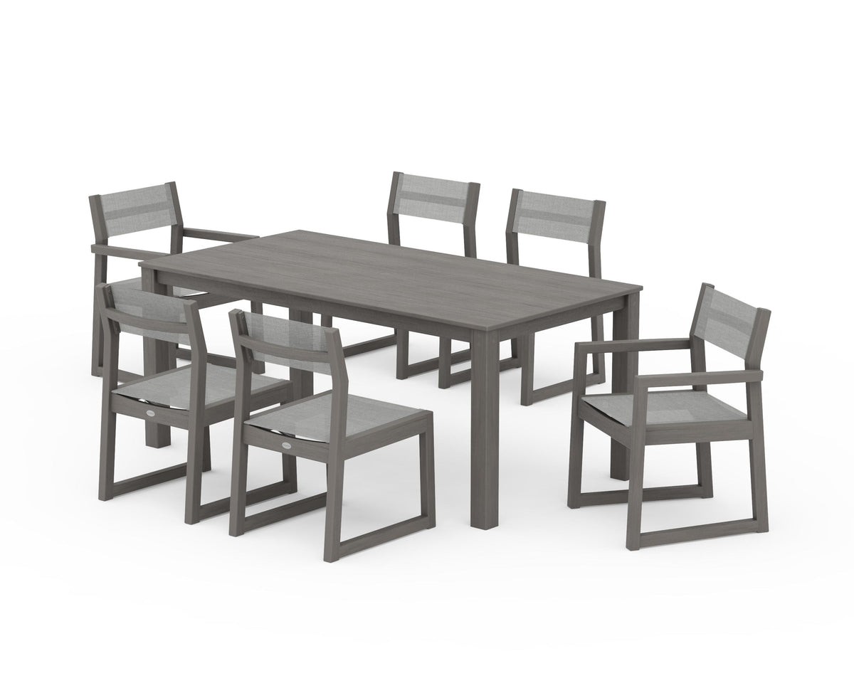 POLYWOOD EDGE Sling 7-Piece Parsons Dining Set in Driftwood / Metallic