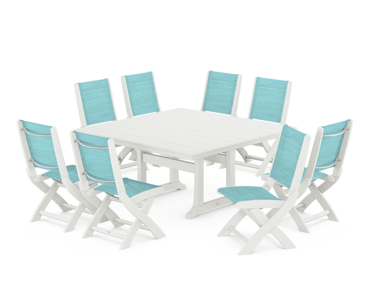POLYWOOD Coastal Folding Side Chair 9-Piece Farmhouse Dining Set in Vintage White / Dupioni Aquamarine
