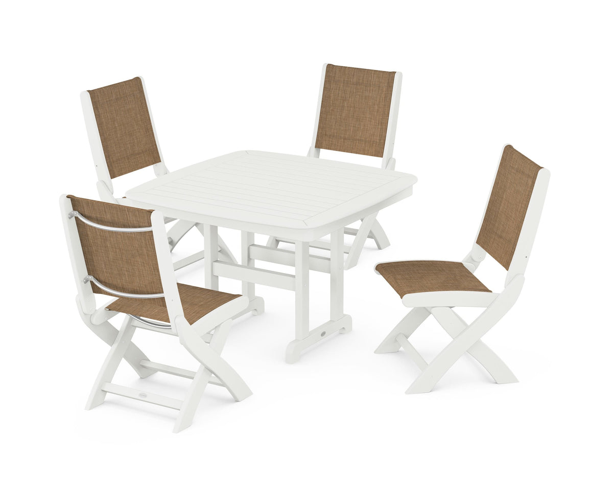 POLYWOOD Coastal Folding Side Chair 5-Piece Dining Set with Nautical 44" Dining Table in Vintage White / Burlap