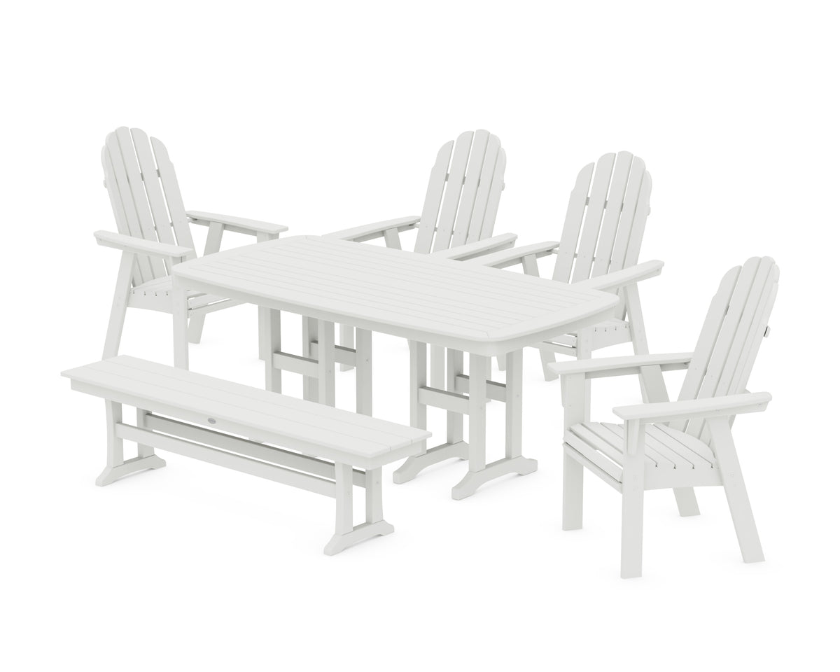 POLYWOOD Vineyard Curveback Adirondack Chair 6-Piece Dining Set with Bench in Vintage White