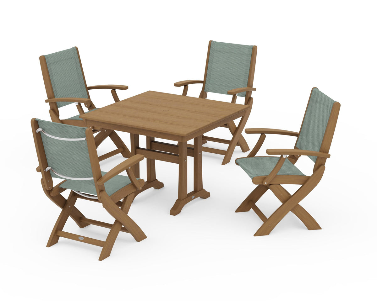 POLYWOOD Coastal Folding Chair 5-Piece Farmhouse Dining Set With Trestle Legs in Natural / Dupioni Sea Mist