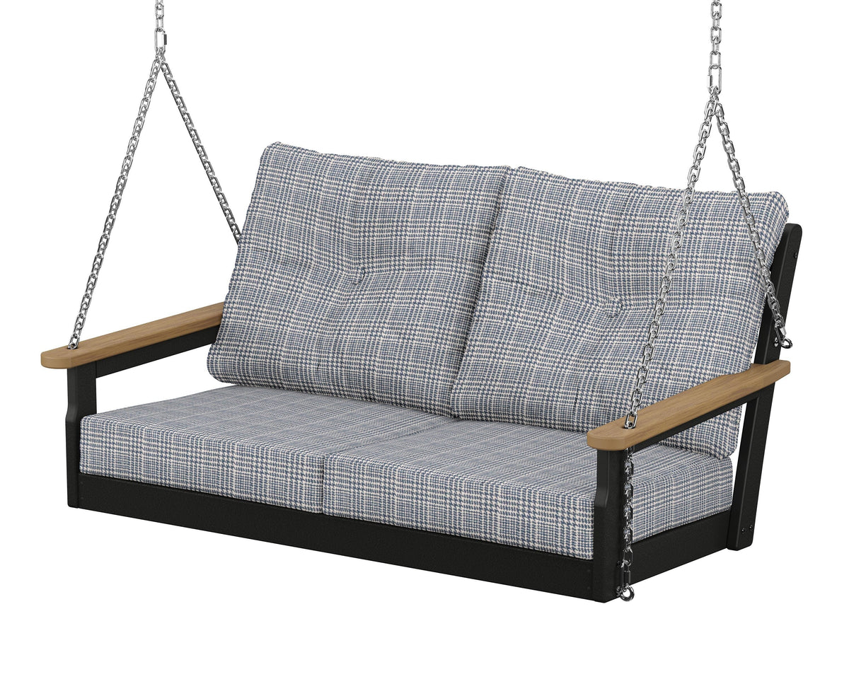 POLYWOOD Vineyard Deep Seating Swing in Black / Natural / Houndstooth Sky Blue