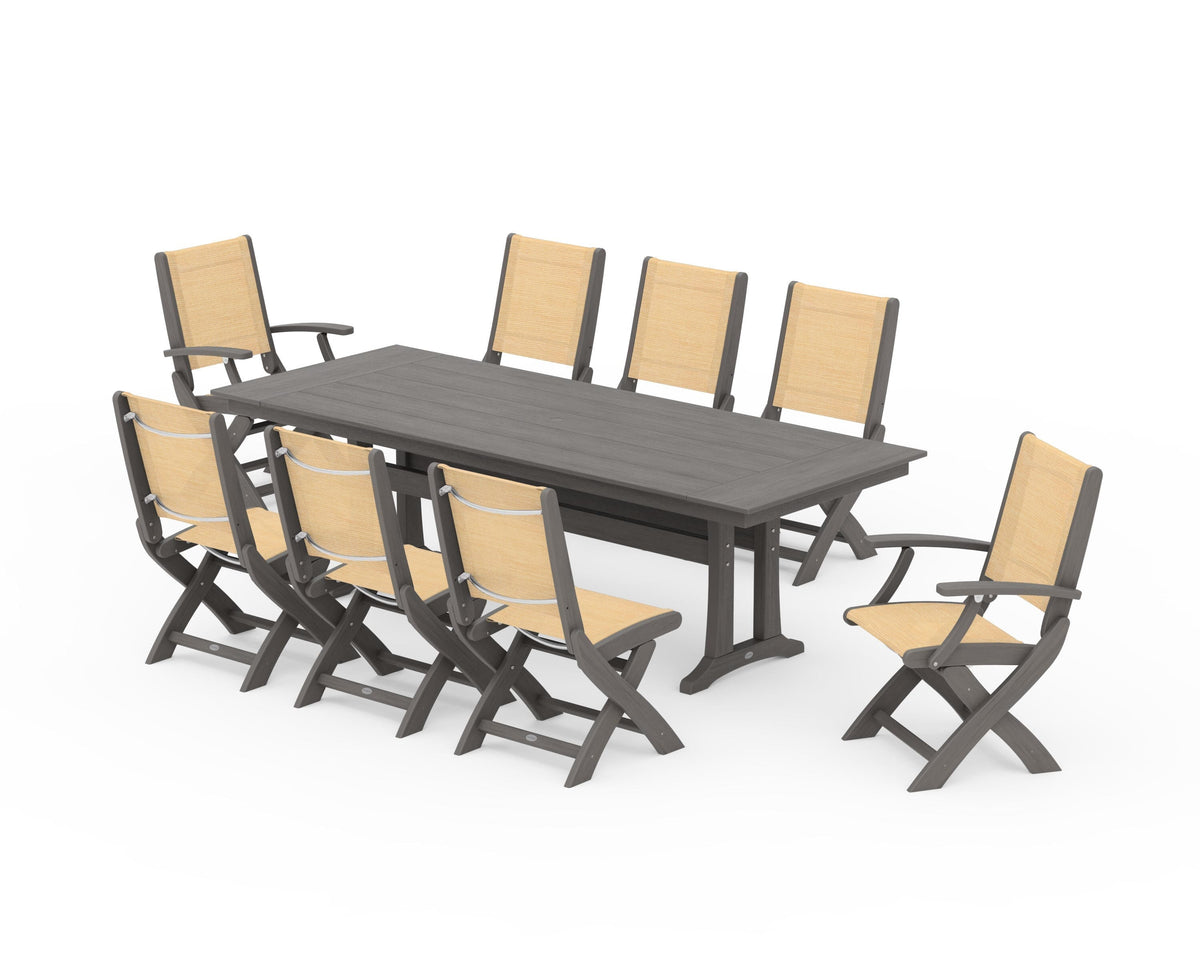 POLYWOOD Coastal 9-Piece Folding Dining Chair Farmhouse Dining Set with Trestle Legs in Driftwood / Dupioni Apricot