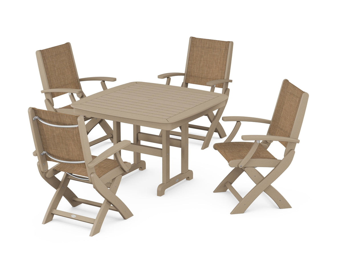 POLYWOOD Coastal Folding Chair 5-Piece Dining Set with Nautical 44" Dining Table in Vintage Sahara / Burlap