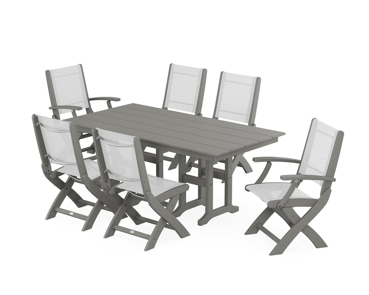 POLYWOOD Coastal Folding Chair 7-Piece Farmhouse Dining Set in Slate Grey / White