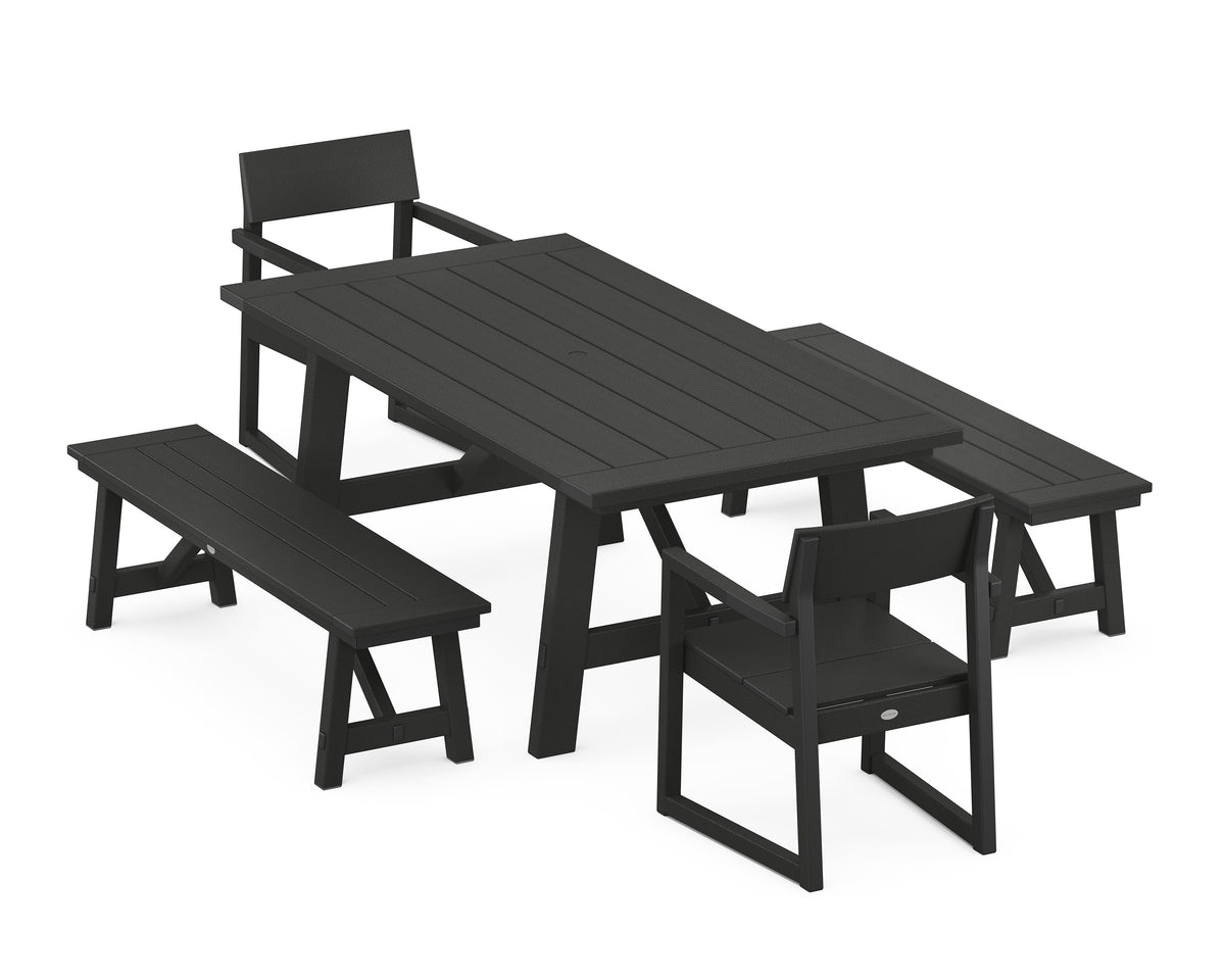 POLYWOOD EDGE 5-Piece Rustic Farmhouse Dining Set with Benches in Black