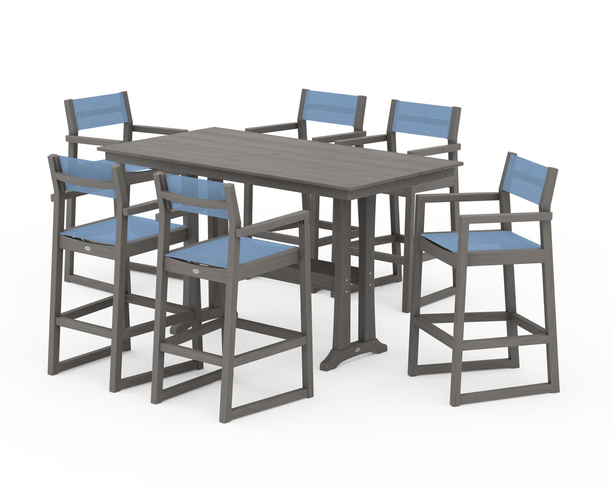 POLYWOOD EDGE Sling Arm Chair 7-Piece Farmhouse Bar Set with Trestle Legs in Driftwood / Poolside