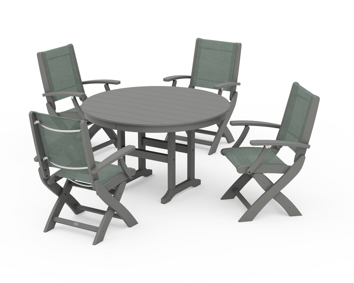 POLYWOOD Coastal Folding Chair 5-Piece Round Dining Set in Slate Grey / Dupioni Sea Mist