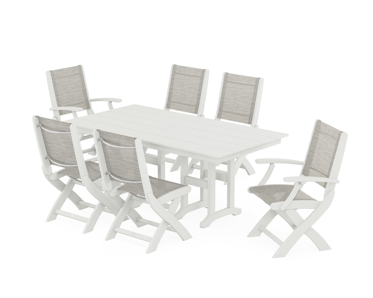 POLYWOOD Coastal Folding Chair 7-Piece Farmhouse Dining Set in Vintage White / Birch