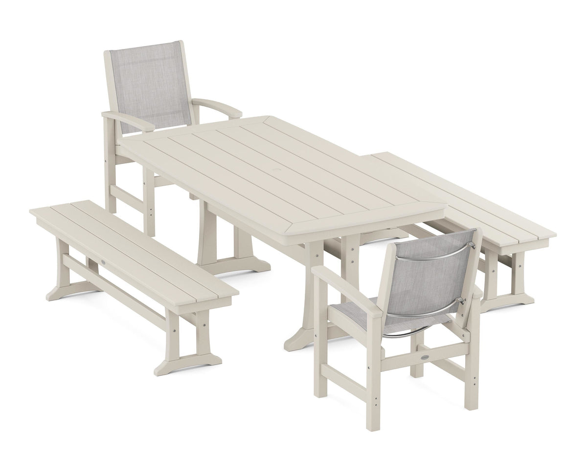 POLYWOOD Coastal 5-Piece Dining Set with Trestle Legs and Benches in Sand / Parchment